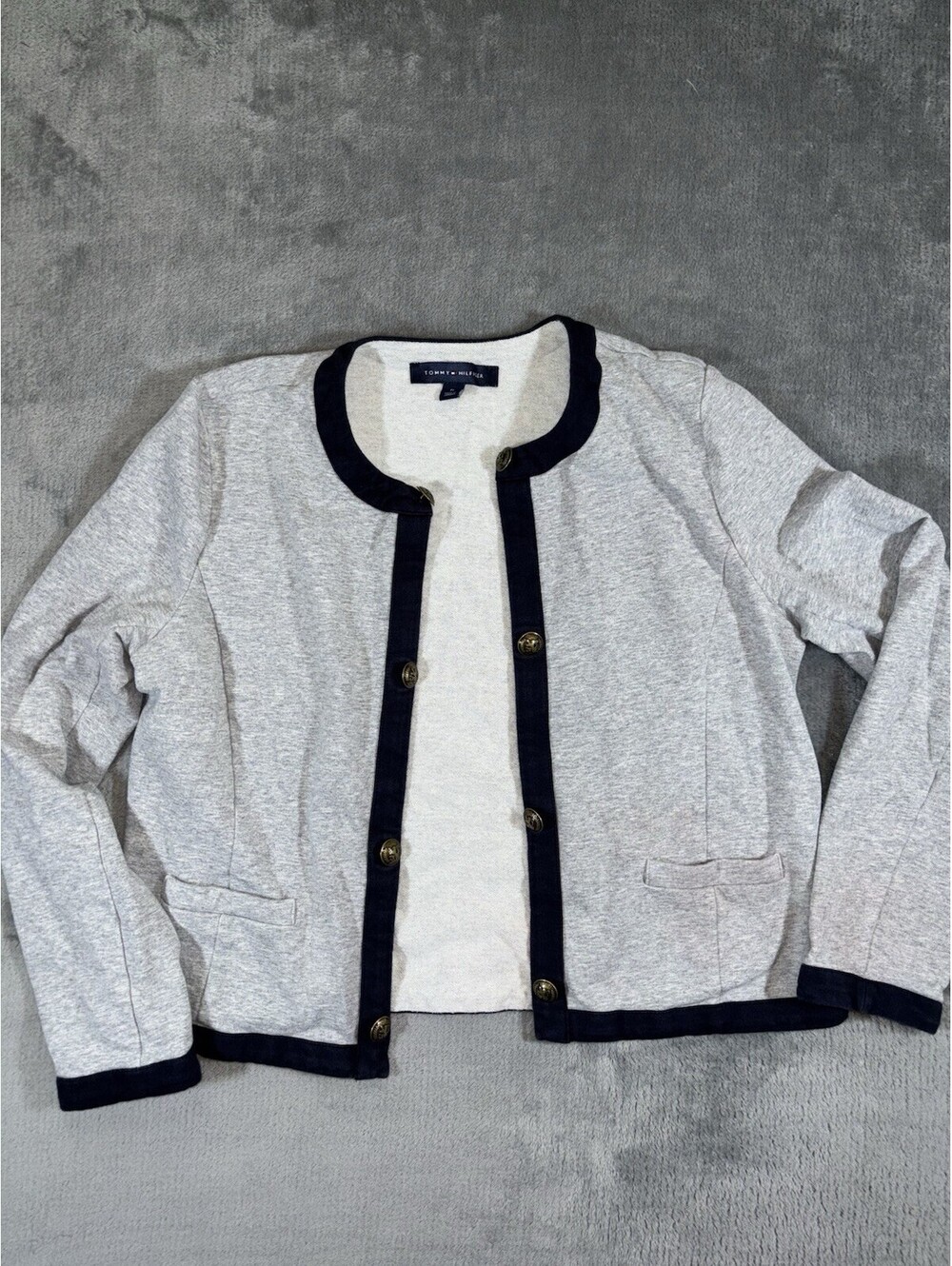 Tommy Hilfiger Cardigan Blazer Women’s M Navy Trim Gold Button Jacket Classic